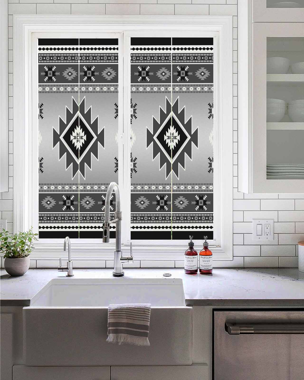 Window Privacy Film Gray Aztec Stained Glass Window Film Decorative Sun Block Window Cover Bohemian Southwest Country Ethnic Art Window Clings Static Adhesive Sticker for Bathroom 17.7"x39.3"