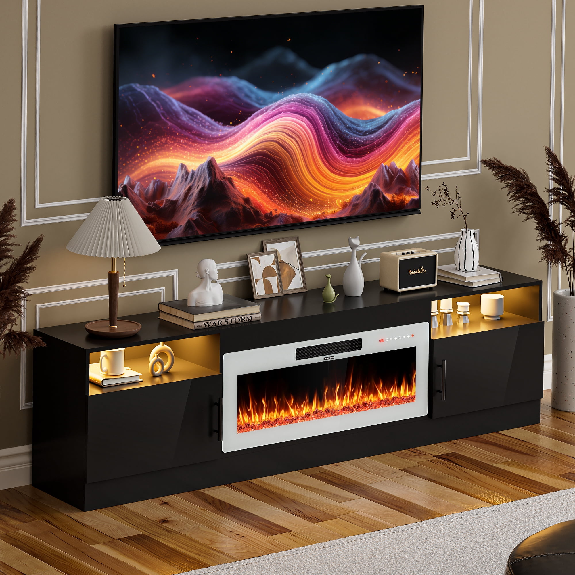 HARIPUL 80” TV Stand with 36" Electric Fireplace for TVs Up to 90 inch, LED Light Entertainment Center with High Gloss Door, Modern Media Console Cabinet for Living Room