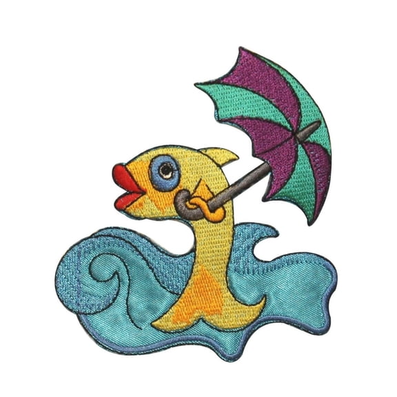 ID 0229 Fish Holding Umbrella Patch Ocean Waves Fishing Iron On Applique