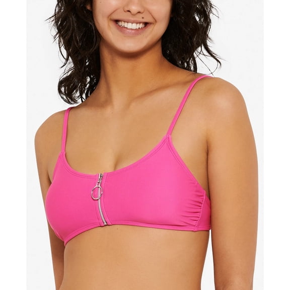 Hula Honey Women's Junior's Solid Zipper Bralette Bikini Swim Top Pink Size XL