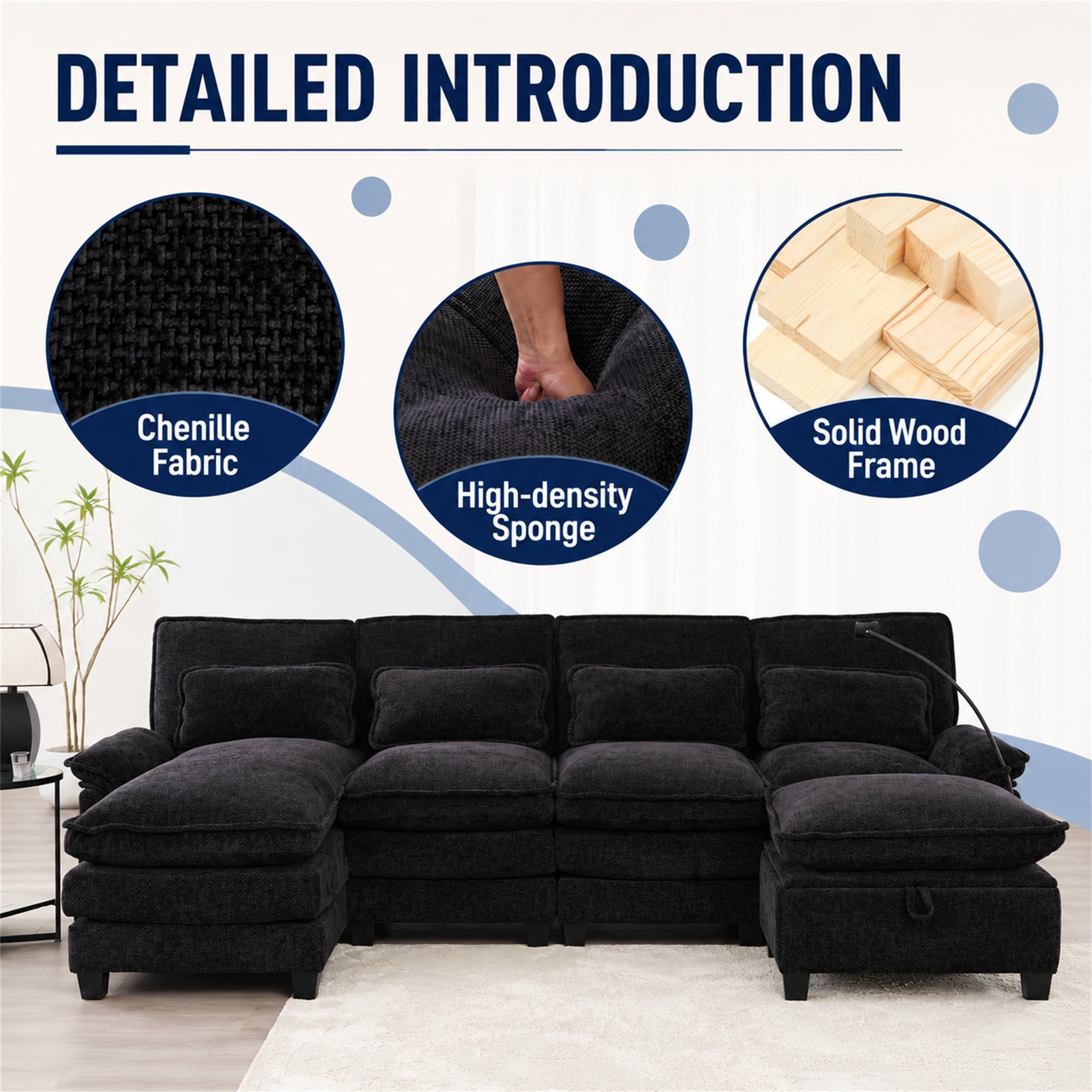 Aukfa 106" Sectional Sofa Deep Seat U shape Couch for Living Room, USB&Type-C Ports, 4 Lumbar Pillows, Storage Ottoman, Overstuffed Chenille, Black