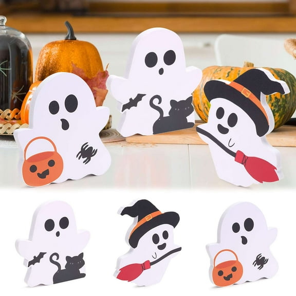 PULLIMORE Set of 3 Cute Ghost Halloween Decorations, Wooden Tiered Tray Decor Table Sign, Black Cat Bat Witch Broom Signs Pumpkin Blocks for Indoor Home Party Shelf Display