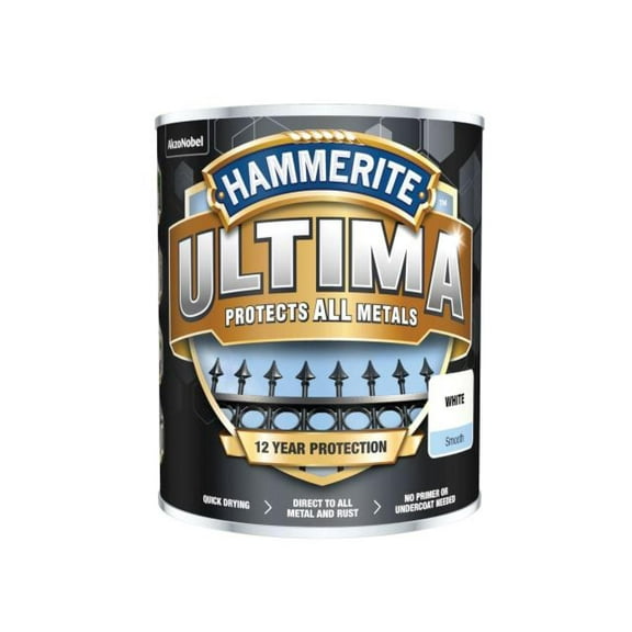 Hammerite Ultima Smooth White Gloss Finishing Metal Paint, 750 ml