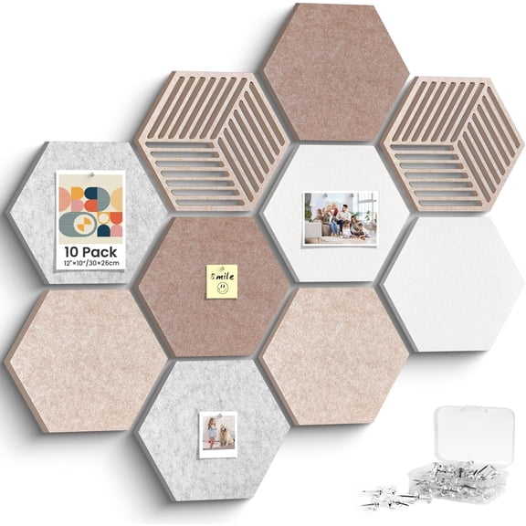 12'' Large Hexagon Cork Board Tiles – 10 Pack Adhesive Frameless Bulletin Board for Office & Home Wall Decor, Vision Board with 35 Push Pins, Decorative Pin Board for Photos & DIY