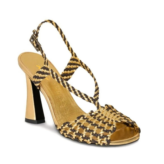 XYD Women Stylish Round Open Toe Block Heel Braided Sandals Ankle Strap Slingback Chic Night-out Party Shoes Size 7 Gold Black