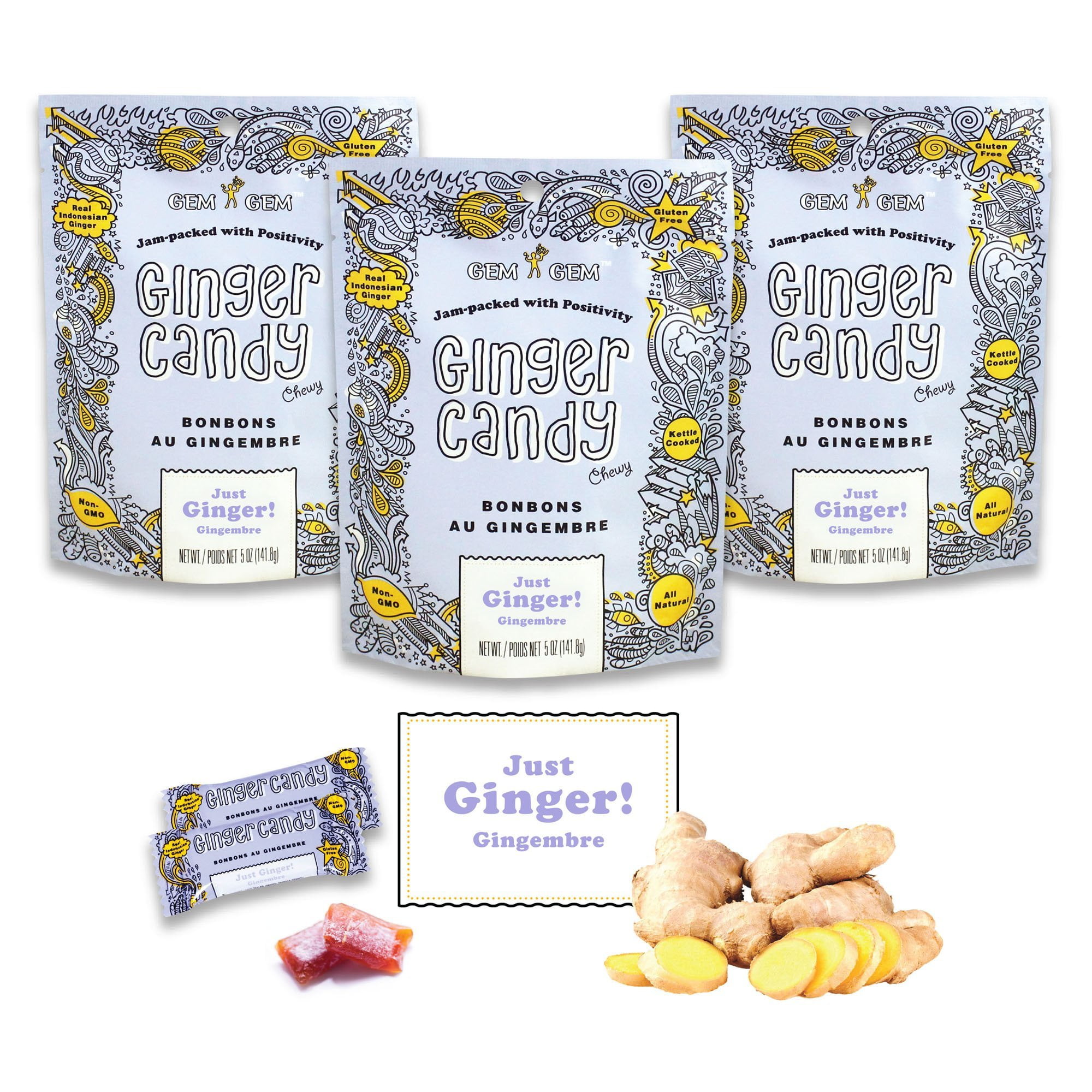 Gem Gem Ginger Candy Chewy Ginger Chews (Original, 5.0oz, Pack of 3
