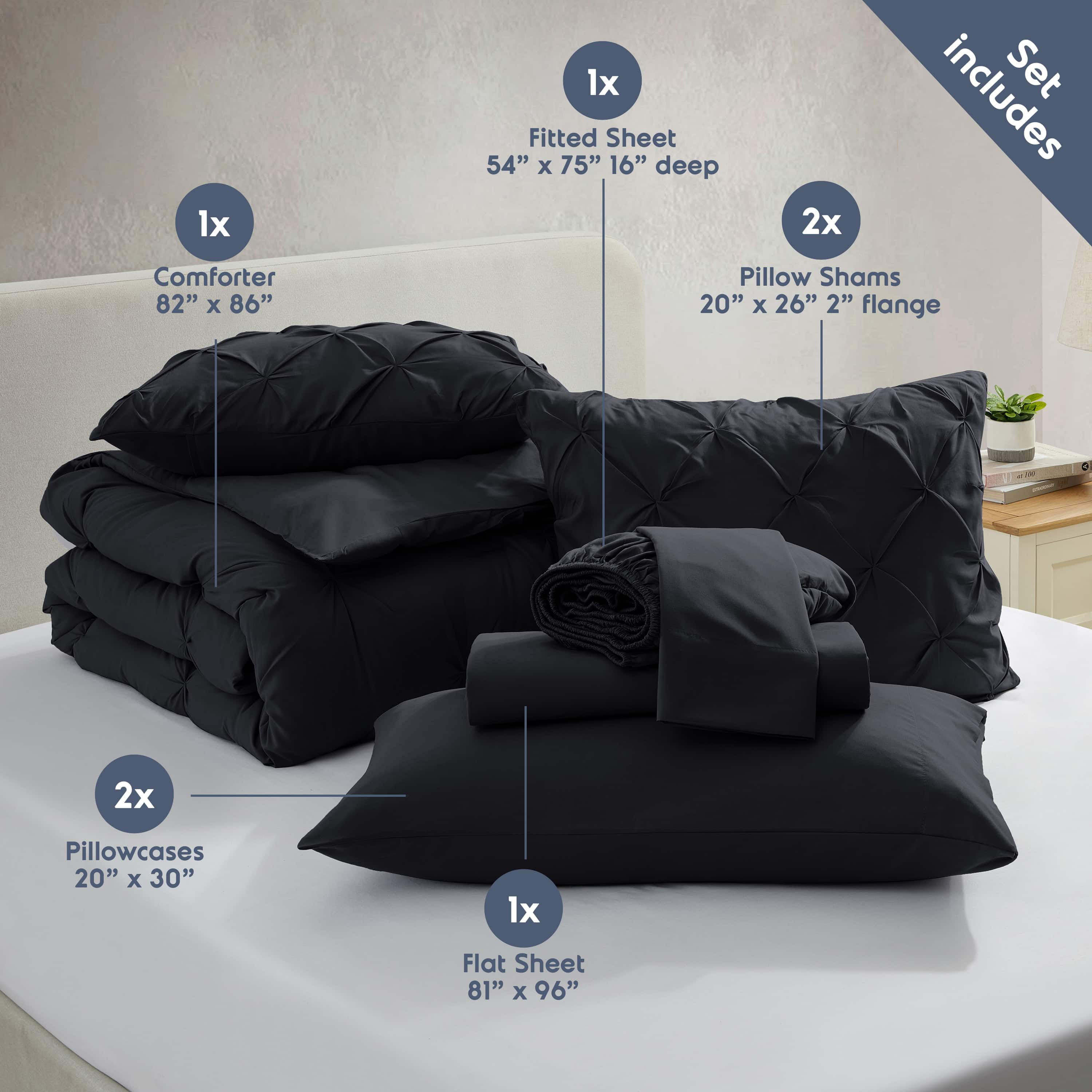LammaLoe Full Size Comforter Sets, 7 Piece Bed In A Bag Pintuck Bedding Sets, BLK