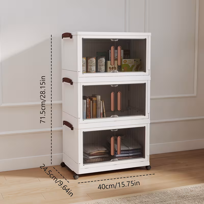3 Tier Stackable Storage Box with Lid and Wheels, Foldable Collapsible Organizer, Clothing Storage Cabinet for Home Office, Living Room