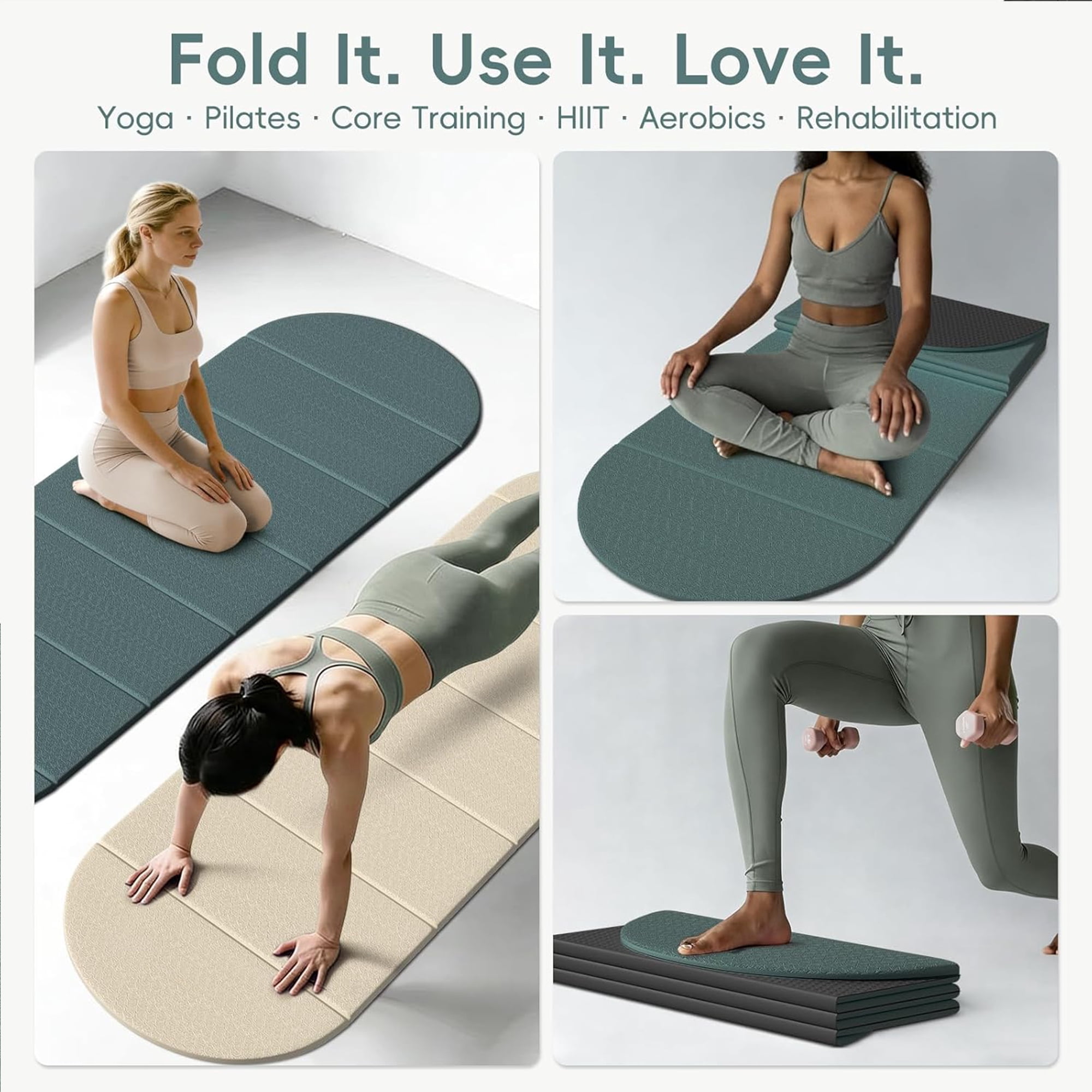 YOHAO Yoga Mat Thick,10mm Foldable Exercise Mats For Home and Travel,Rounded Folds,Quick Unfold Or Storage,Flat Lay No Curl Design(Green+Black)
