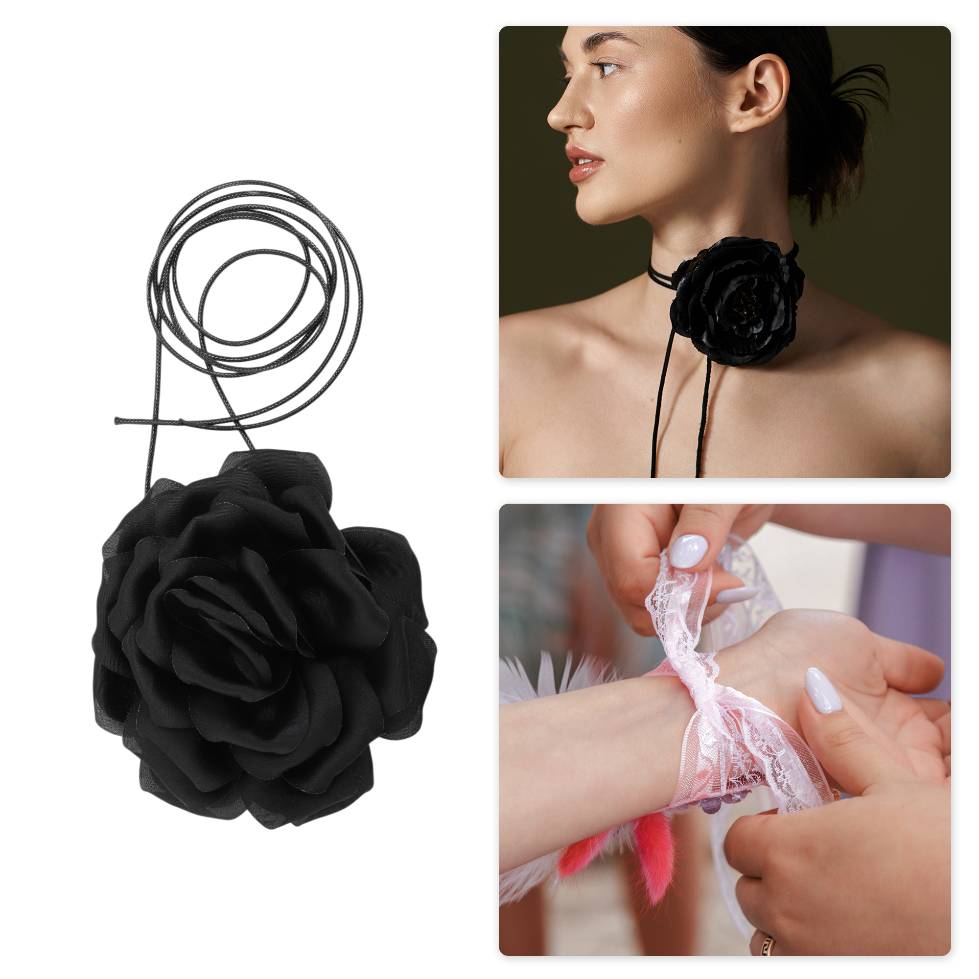 Unique Bargains Flower Adjustable Choker Necklace for Women Black