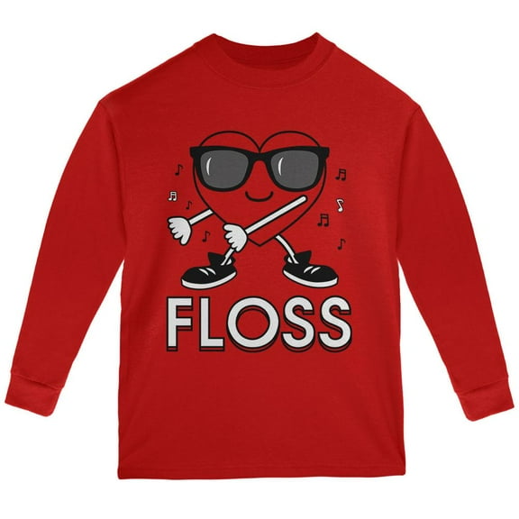 Valentine's Day Floss Flossing Dancing Heart Youth Long Sleeve T Shirt Red YXL