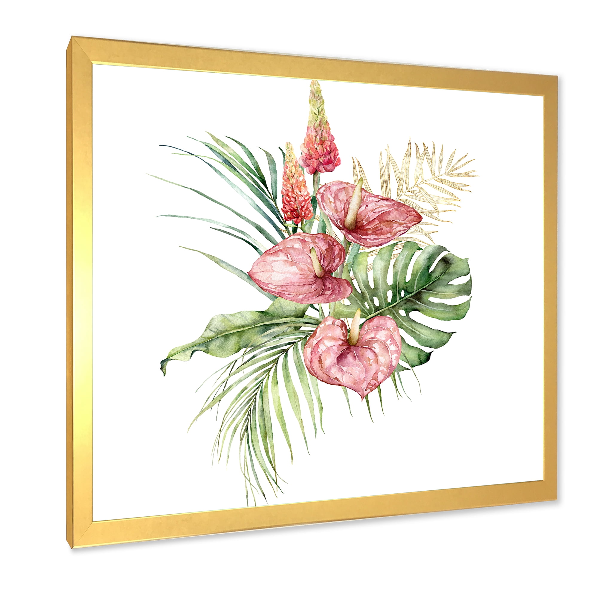Designart 'Tropical Bouquet With Anthurium Lupine and Leaves On White I' Traditional Framed Art Print