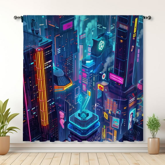 Modern Simple Curtains, Future City Print Blackout Curtains, Suitable For Room Bedroom Decoration(Rod pocket)