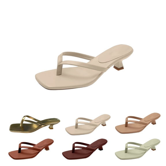 IEMIEMIEM Women's Kitten Heels Flip Flops Heeled Thong Sandals Square Open Toe with 2 Inch Low Heel Beige 7 Wide