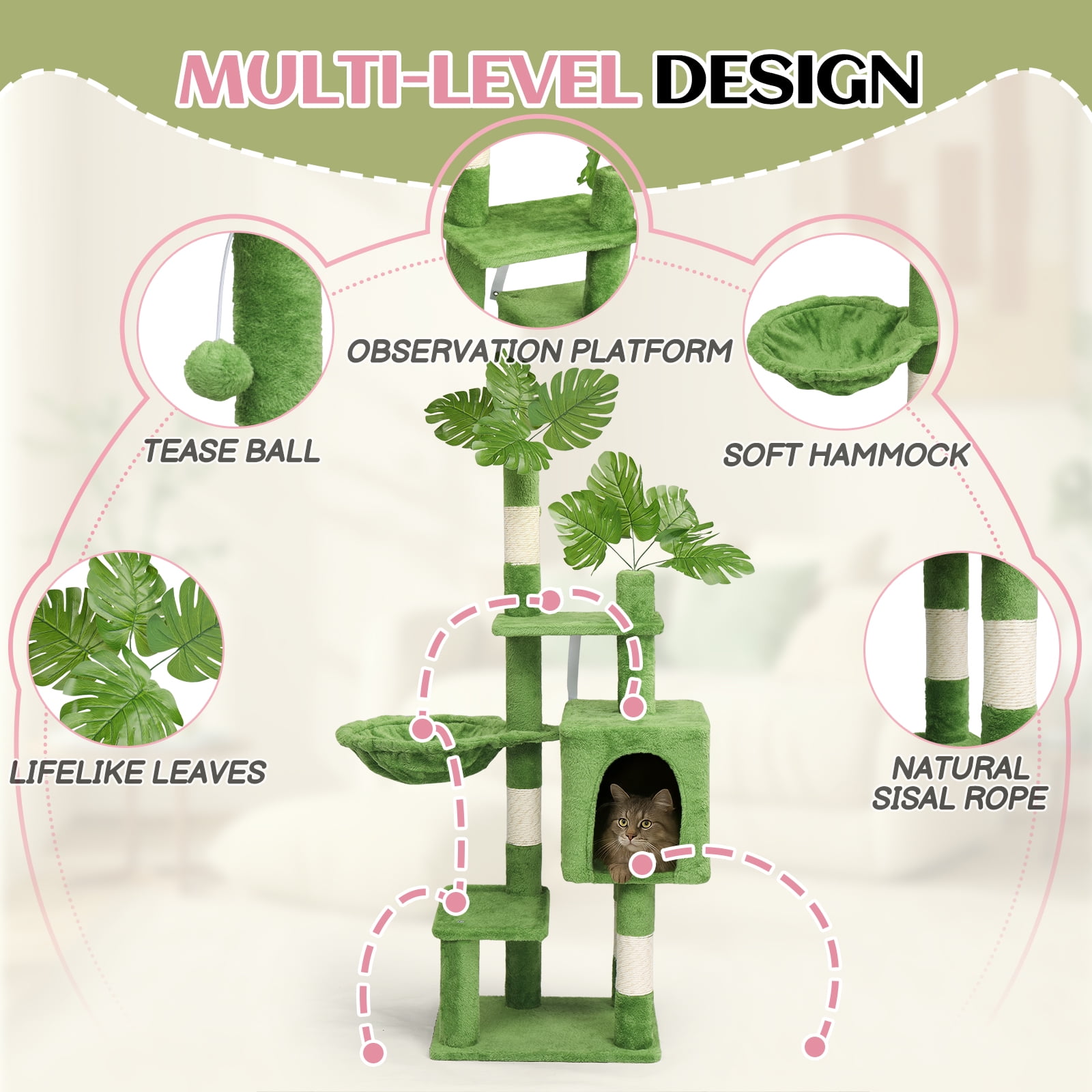 VINGLI Cat Tree, Cat Tower with Leaves, Cat Condo for Indoor Kittens, Cats Activity Center with Cozy Hammock, Sisal Scratching Posts, Green (48 inch)