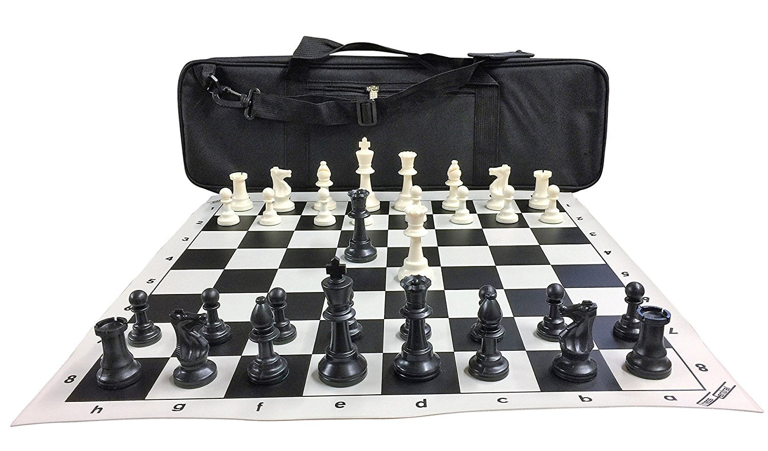 34 Black & White Pieces Black Bag 20" Black Vinyl Board Weighted Chess Set 
