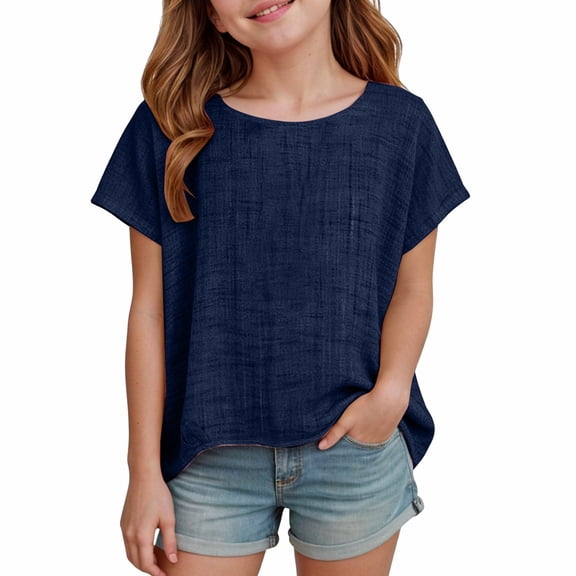 TIREOW Cotton Linen Tops for Girls Oversized Summer Boho Short Sleeve Shirts Teen Kids Plain Loose Lightweight Beach Blouse (Navy, 7-8 Years)