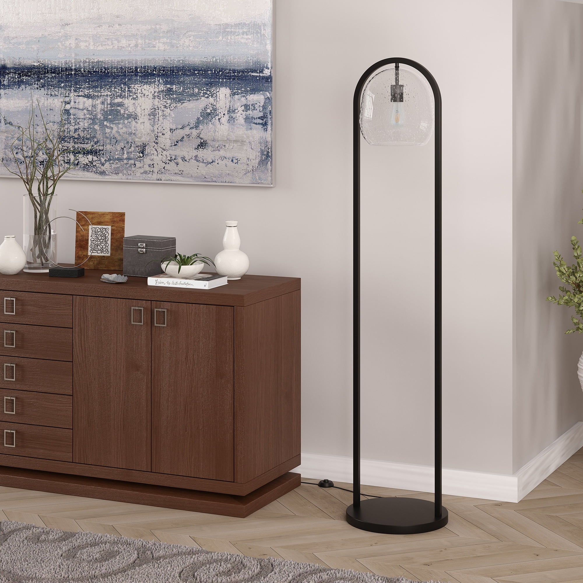 Evelyn&Zoe Sydney 64" Floor Lamp with Seeded Glass Shade, Brushed Brass