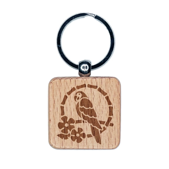 Tiki Bird Parrot Square Keychain Charm Tag - Engraved Wood