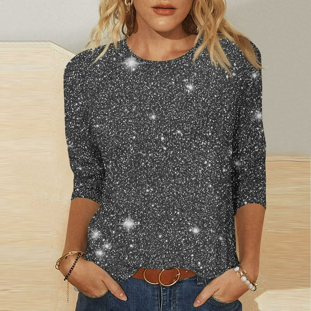 Tejiojio Women's Sequin Top Round Neck 3/4 Sleeves Sparkly Casual Party Blouse S-2XL