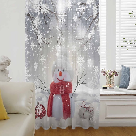 Grey Snowman Christmas Semi Sheer Curtains Drapes for Living Room, Bedroom, French Doors Window 96 Inches Long, Xmas Snowflake Branch Rod Pocket Chiffon Curtain Drapery Voile Draperies Panel