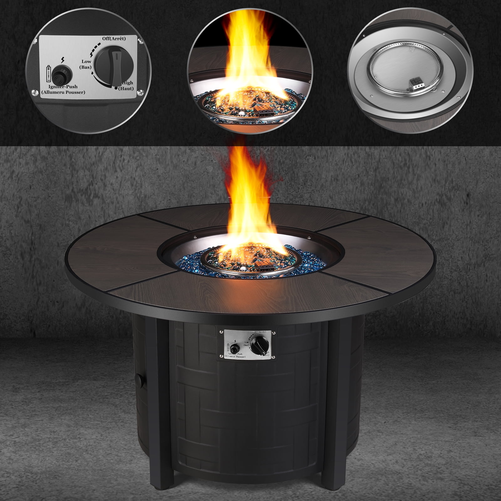 TLGREEN 42" Propane Fire Pit Table with Lid and Blue Stone, 50,000 BTU Auto-Ignition Circular Gas Fire Pit for Outdoor