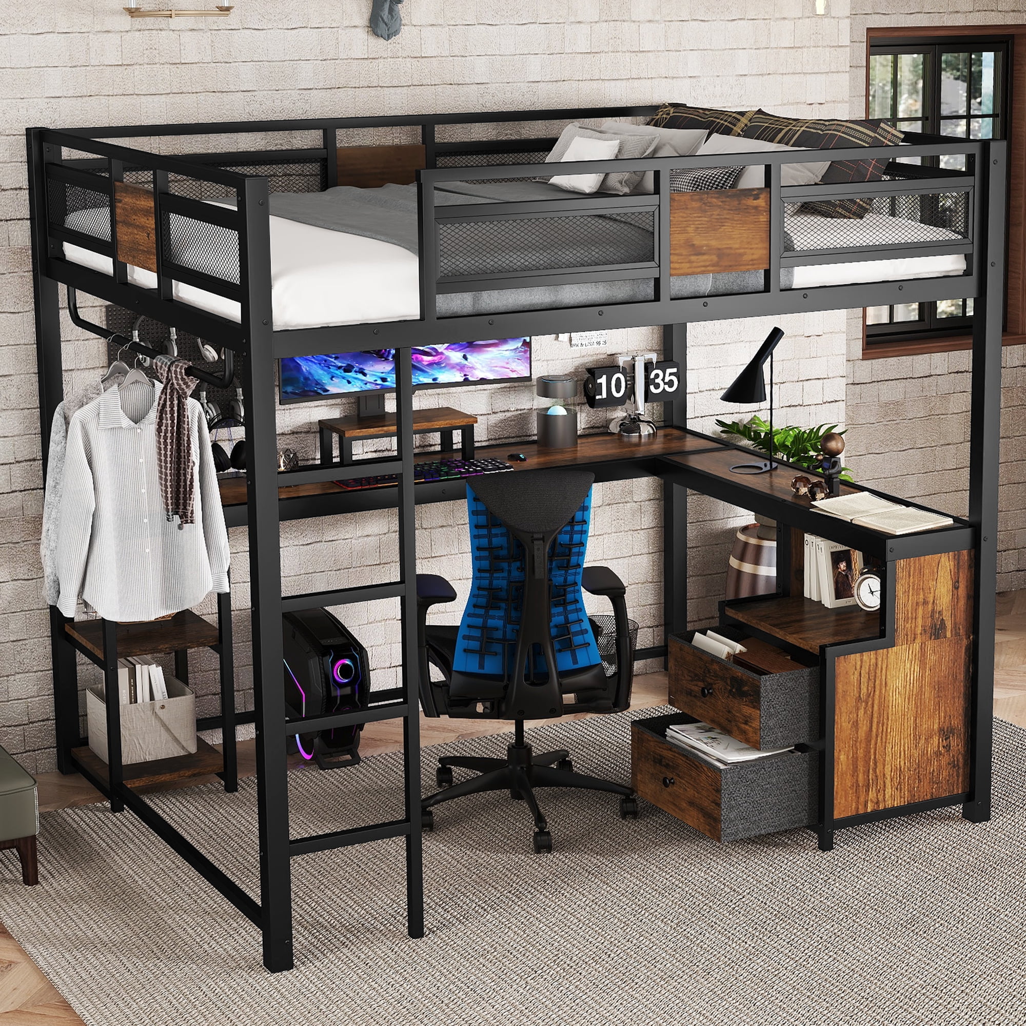 Leumius Queen Size Loft Bed with L Shape Desk,Metal Loft Bed Frame and Storage Drawers and Ladders,Nosie-Free,No Spring Box Needed,Black