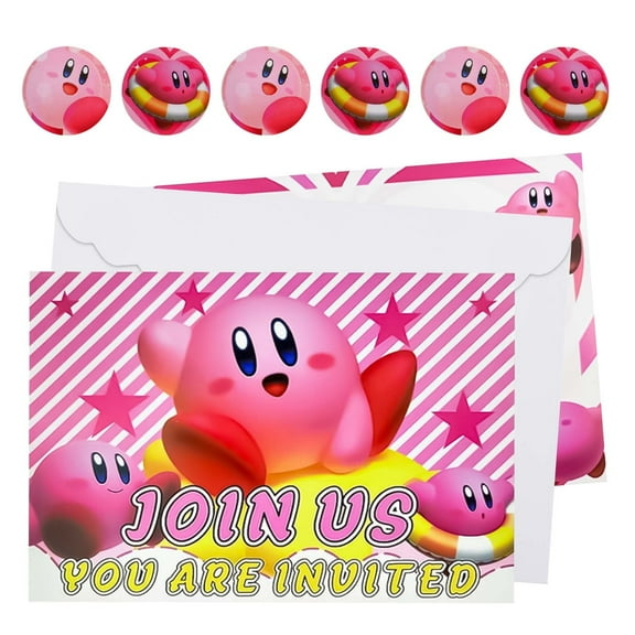 16-Piece Pink Kirby Themed Birthday Party Invitations with Envelopes and Stickers, Video Game Party Invitations, Blank Name Birthday Party Invitation Cards, Game Truck Party Supplies