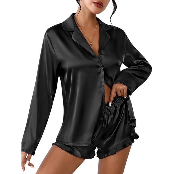 Womens Satin Pajama Set 2 Piece Silk Pajamas for Women, Long Sleeve Button Down Sleepwear with Shorts, Soft Lounge Set Womens Nightwear