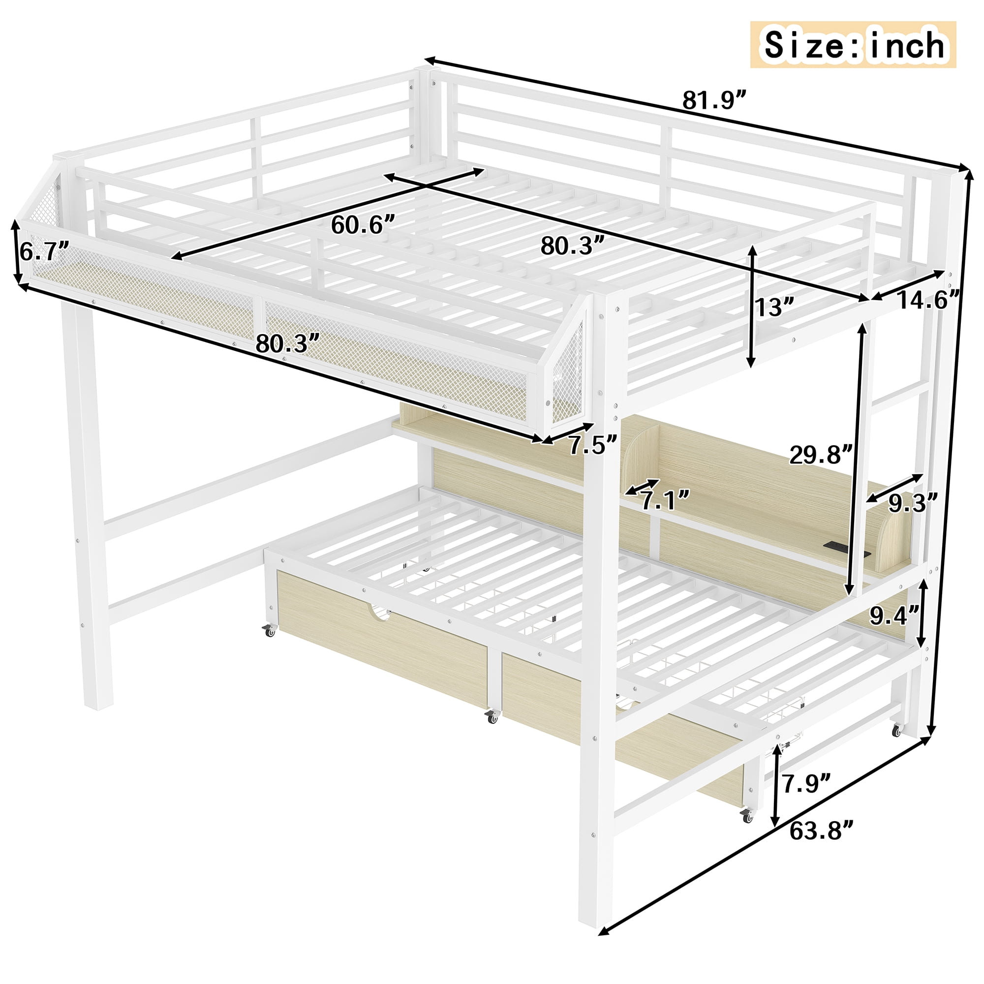 Aukfa Queen over Queen Metal Bunk Bed with Storage Drawers, Shelves, USB Ports & LED Lights, Convertible Bottom Sofa Bed, Heavy-Duty Bed Frame for Kids Teens Adults, White