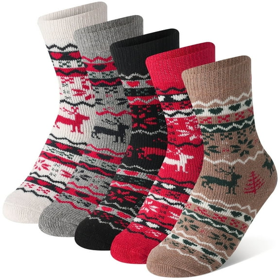 Armscye 5 Pairs Womens Thick Knit Winter Socks, Stripe Wool Winter Socks, Wool Vintage Socks for Indoor Warmth, Comfortable Breathable Cotton Socks for Women Indoor