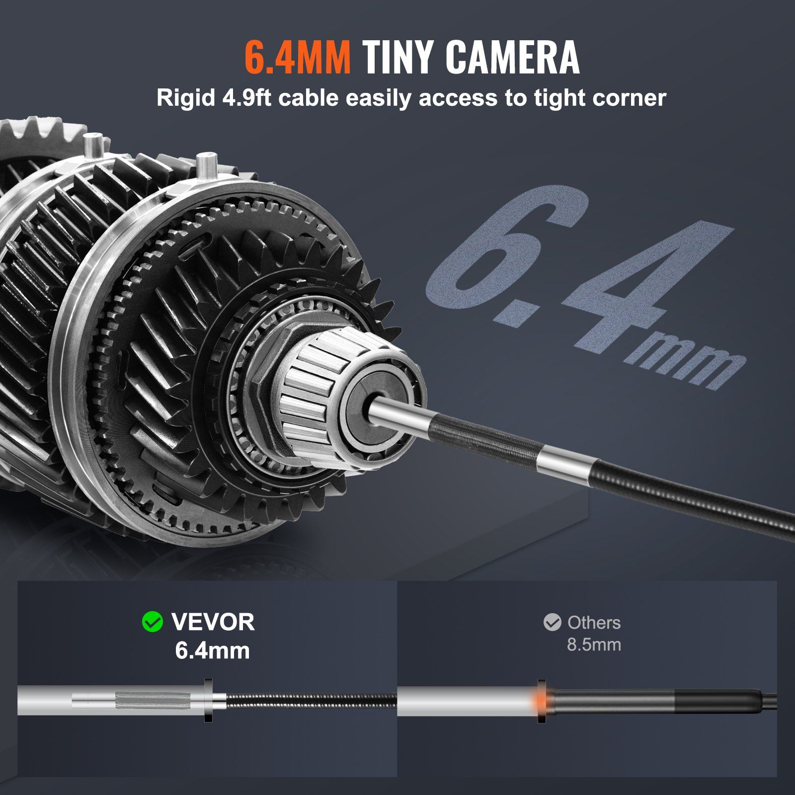 Industrial Borescope, 180° Articulating Endoscope, 5" IPS Display, 8X Magnification, 6.4mm Camera Probe