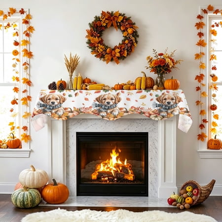 Thanksgiving Dog Fireplace Mantel Scarf Fall Pumpkin Mantel Scarf Scarves Fireplace Top Runner Cover for Holiday Party Home Decorations 70x17in