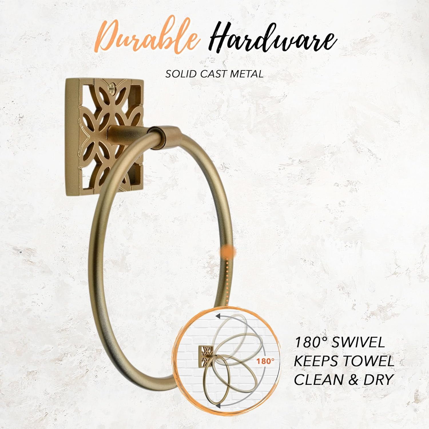 Autumn Alley 5 PC Gold Modern Bathroom Accessories Set, Wall Mounted - Towel Rack, Hand Towel Ring, Industrial Toilet Paper Holder, and 2 Towel Robe Hook for Bathroom Hardware Set