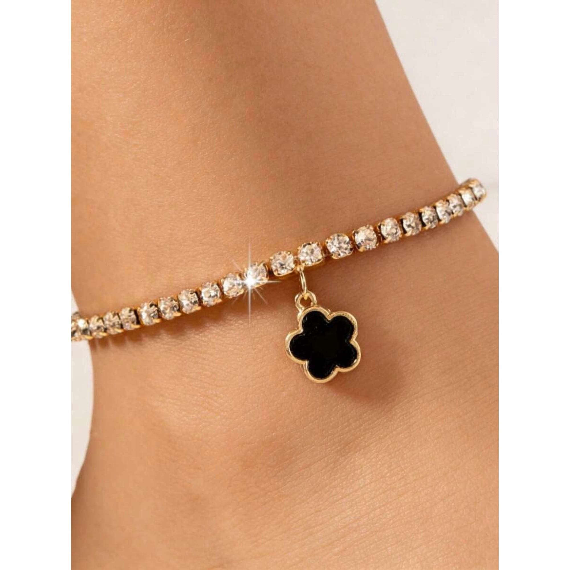 Multicolor Goldtone Crystal-Set Flower Charm Anklet With Black Enamel