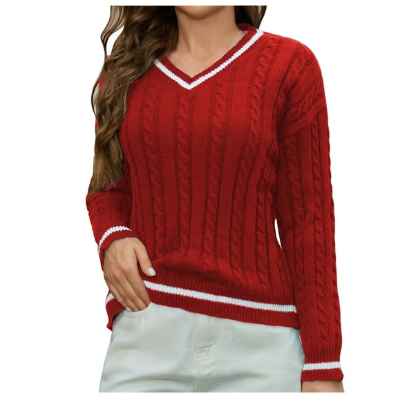 Cable Knit Sweaters Womens Trendy Fall Casual V Neck Color Block Pullover Stretchy Comfy Long Sleeve Top (XL, Red)