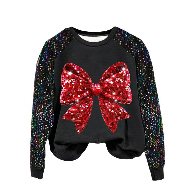 Pisexur Sweatshirts de Noël pour Femmes Mode Vacances Nœud Rouge Graphique Pull Xmas Tops Décontracté Manches Longues Col Rond Chandails en Molleton Amples Confortables Automne Chandails en Molleton pour Femmes