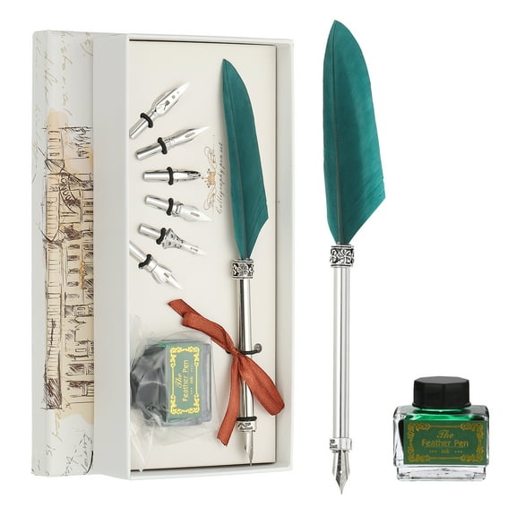 Uxcell 21.5cm/8.5" Carved Feather Pen Set, Quill Pen with Ink Set 6 Replacement Nibs for Writing Dip Pen, Dark Green