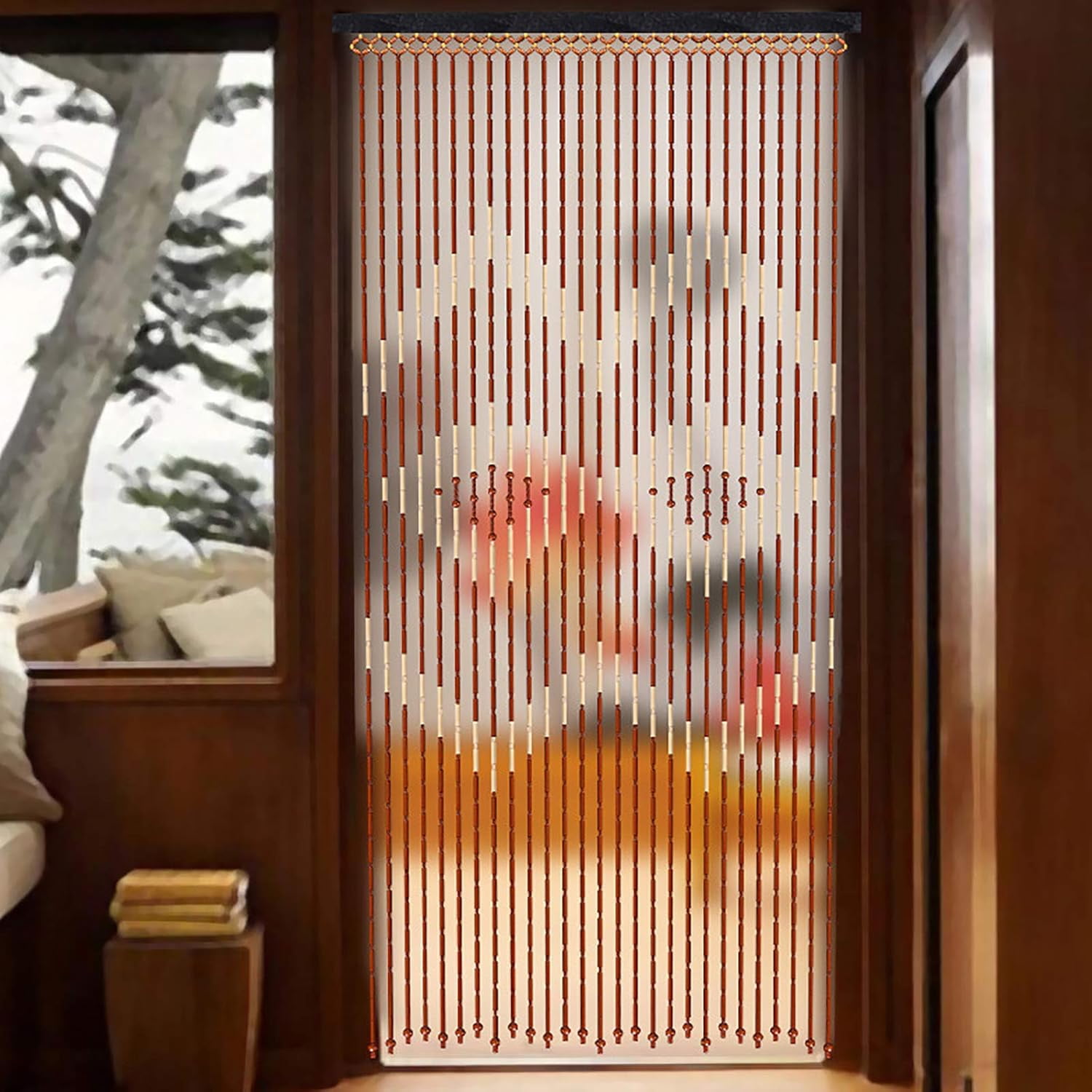 Beaded Door Curtain,Tassels Wooden Beads String,Bedroom Privacy Decor,Room Divider Fringe Curtains,for Doorway Hallway Entrance Balcony