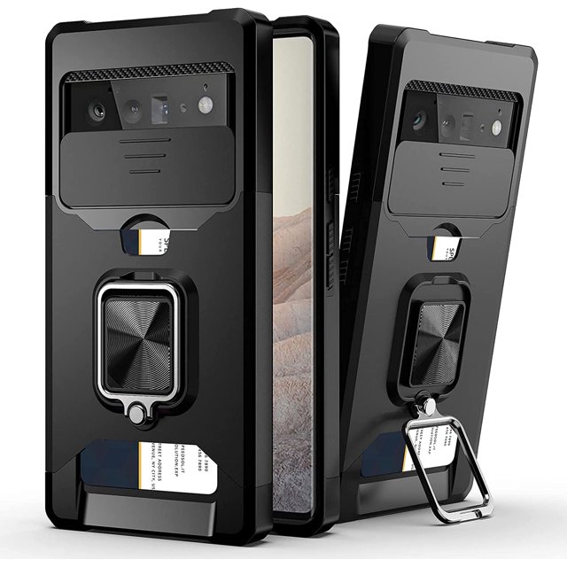 Compatible for Google Pixel 6 Pro 2021 Case with Camera Cover & Kickstand, Slide Lens Cover+Rotate Ring Stand+Card Holder, Impact-Resistant, Full Protect for Google Pixel 6 pro Black