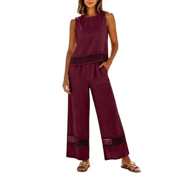 Enjoytime Summer Vacation Outfits for Women Travel Casual Linen 2 Piece Sets Lace Tank Tops and Wide Leg Pants Plus Size Set