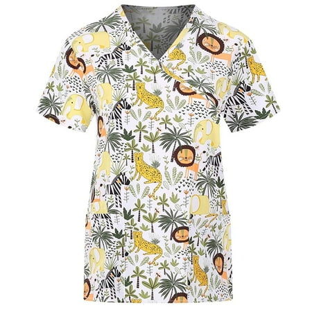 

HGWXX7 New Women Short Sleeve V-neck Tops With Pockets Working Uniform Workwear Top Yellow L
