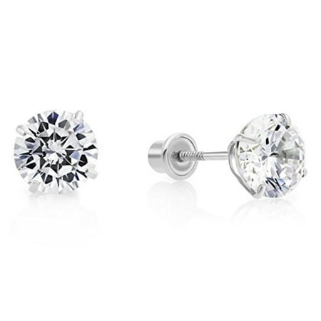 14k White Gold Round Cubic Zirconia Stud Screw Back Earrings