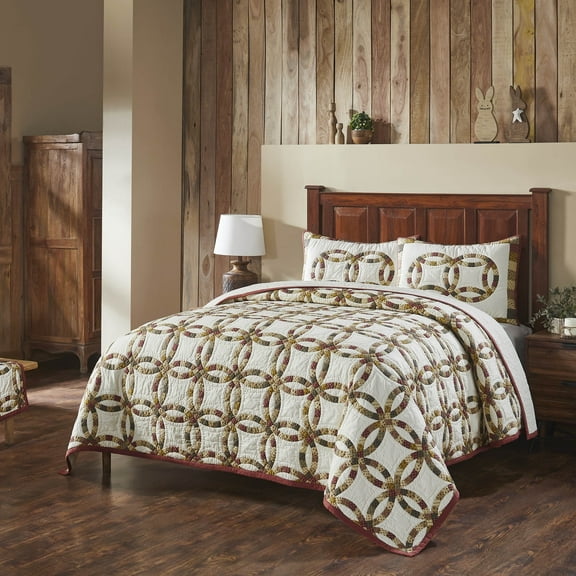 VHC Brands Custom House Wedding Rings King Quilt Set; 1-Quilt 110Wx97L w/2 Shams 21x37, Bedding Set, Country Farmhouse Bedding, Cotton, Custom House Collection, Rectangle 97x110, Dark Creme