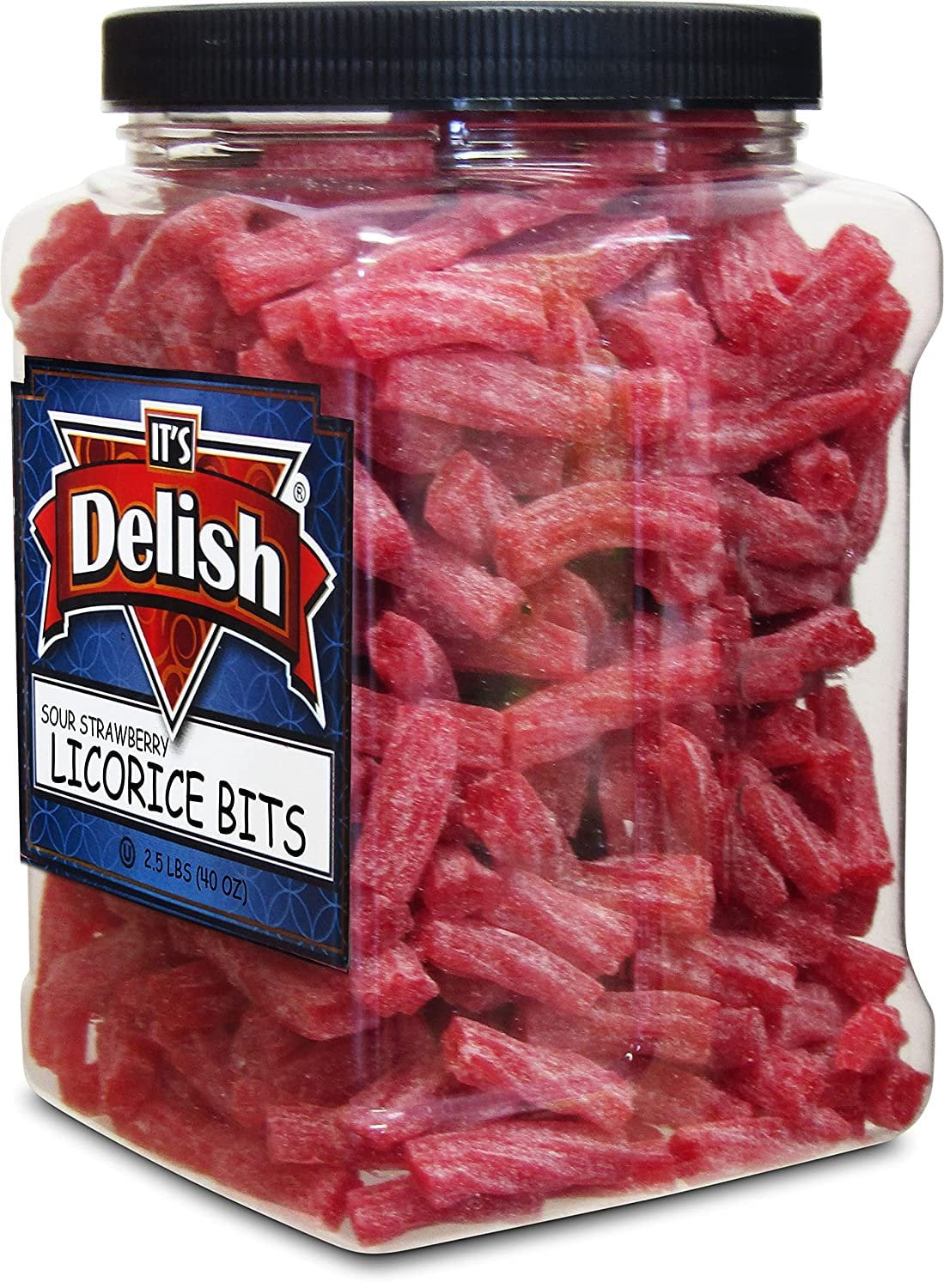 Sweet & Sour Strawberry Licorice Bits by Its Delish, 2.5 LBS 40 Oz Jumbo Container Jar  Chewy Red Strawberry Lightly Sour Candy Twists  Great Gifts Party Sweets  Made in USA, Vegan, Kosher
