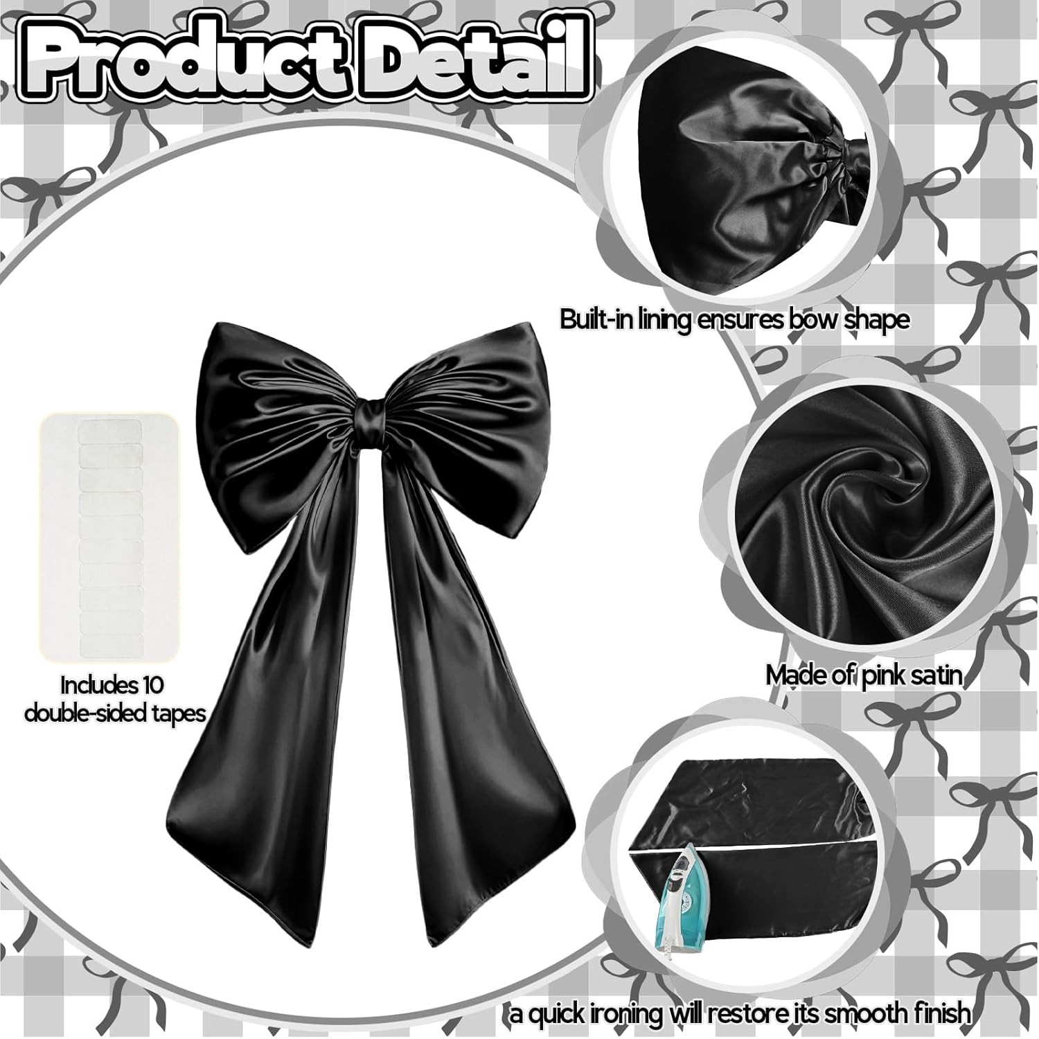 Black Bow Decor, 40 x 24 Inches Large Big Black Bow Party Decorations for Backdrop Birthday Wedding Bride, Huge Satin Ribbon Tie Hanging Wall Decor for Her (Satin, Internal Stability Layer)