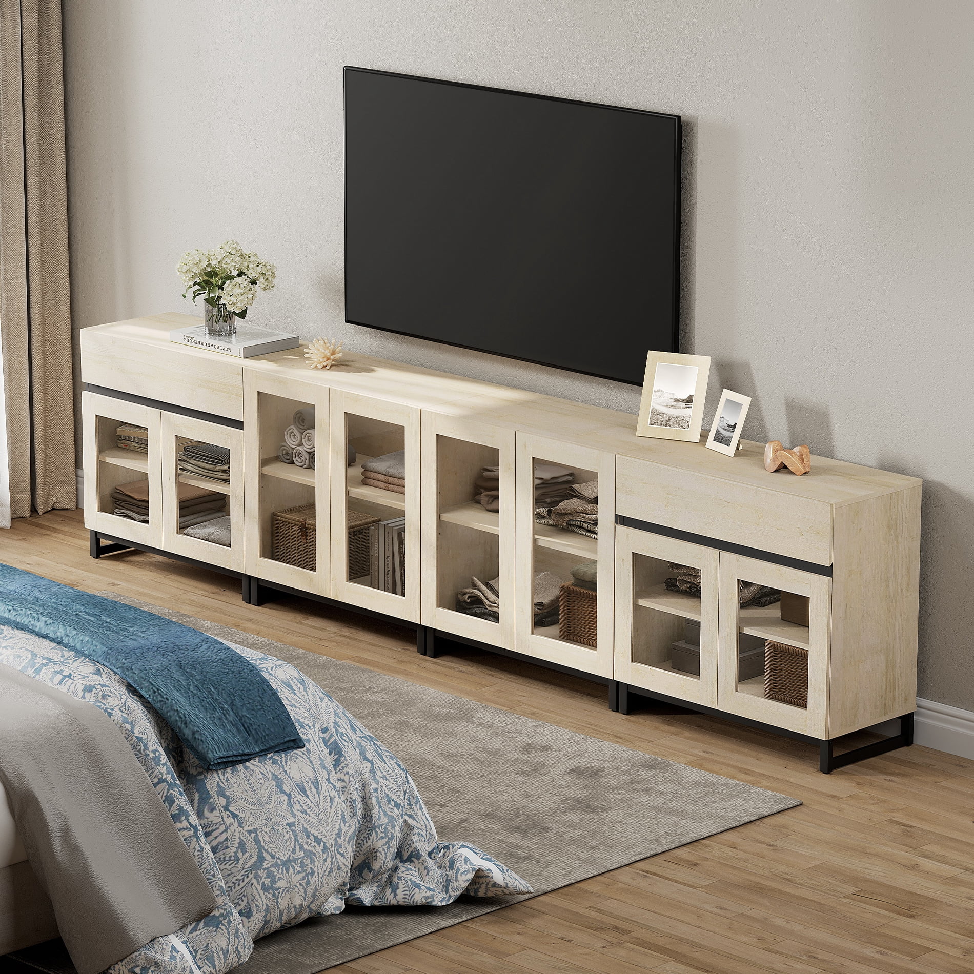 Modern TV Stand For Tvs Up To 120 Inches, 4 In 1 TV Console With Glass Doors And 2 Drawers, Entertainment Center With Adjustable Shelf For Living Room, Bedroom,Beige