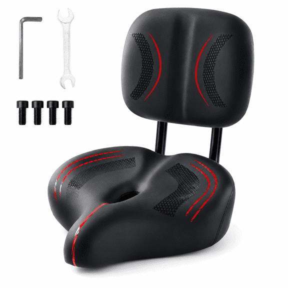 Bike Seat Cushion with Backrest, Oversized Memory Foam Bicycle Saddle Replacement for Exercise Bike, Stationary Bike, Tricycle (Bike Not Included)