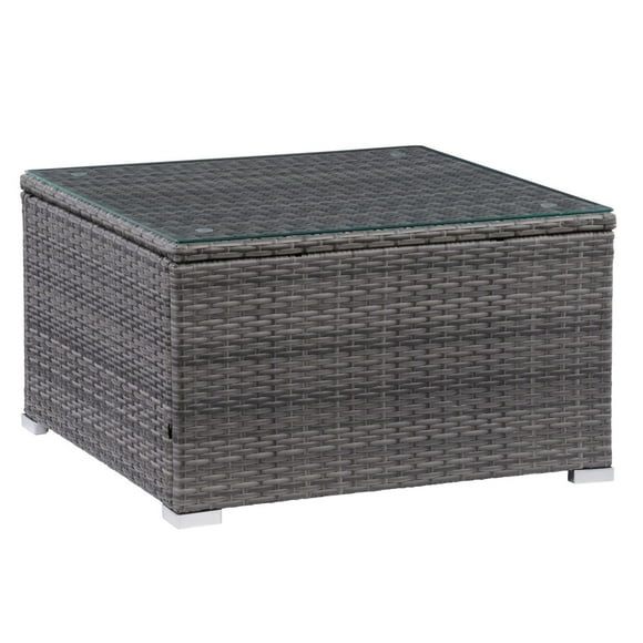 CorLiving Parksville Resin Wicker Rattan and Galvanized Steel Square Patio Coffee Table with Tempered Glass Top