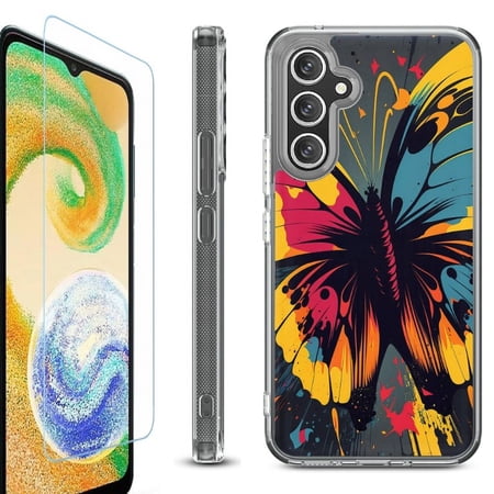 For Samsung Galaxy A35 5G Phone Case Cover Shockproof Bumper Hybrid Case with Tempered Glass Screen Protector by OneToughShield - Abstract Butterfly